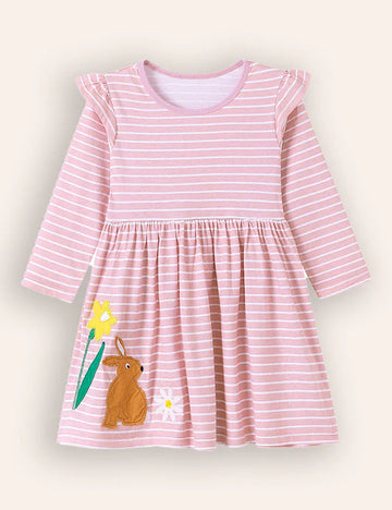 Cure Bunny Appliqué Long Sleeves Cotton Dress
